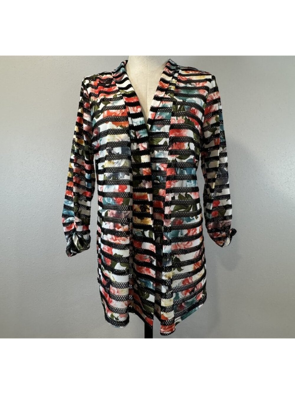 Chances R Open Front Cardigan Womens Size Large Multicolor Floral Stripe Stretch
